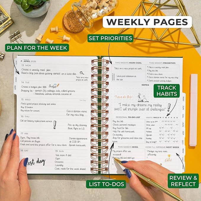 Clever Fox Dated Planner with Tabs 2026 – Weekly & Monthly Spiral Planner with Habit Tracker for Goal Setting & Time Management (Forest Green)