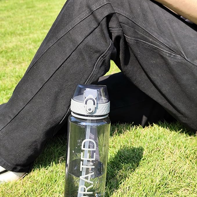 GOPPUS Water Bottles Clear Water Bottle with Straw 32oz Plastic Water Bottles BPA Free Tritan Wide Mouth Bottle Leakproof Motivational bottles water for Gym,Hiking,School or Office(1 Bottles)