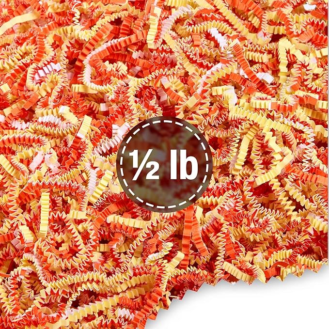 FRILLZ Crinkle Cut Paper Shred Filler for Baskets, Gifts, Packing and Protecting your Halloween, Fall Festival, Birthday and other events (1/2 pound, Candy Corn)
