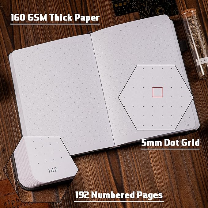 TIEFOSSI Dotted Journal Notebook, 160gsm 190 Numbered Thick Paper, A5 Hardcover Dotted Grid Diary for Women Men Work Writing, Journaling, Drawing, 5.8 x 8.3 in