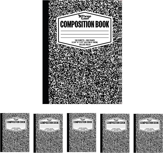 three leaf 100 SHEETS COLLEGE RULED 9-3/4" x 7-1/2" COMPOSITION NOTEBOOK, PACK OF 6, WRITING JOURNAL NOTEBOOK, HOME SCHOOL SUPPLIES FOR COLLEGE STUDENTS.