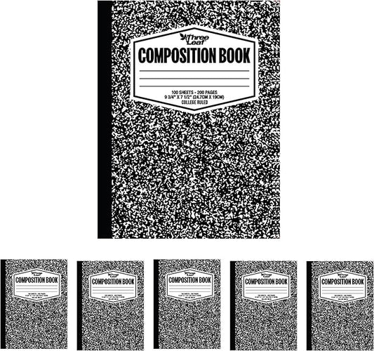 three leaf 100 SHEETS COLLEGE RULED 9-3/4" x 7-1/2" COMPOSITION NOTEBOOK, PACK OF 6, WRITING JOURNAL NOTEBOOK, HOME SCHOOL SUPPLIES FOR COLLEGE STUDENTS.