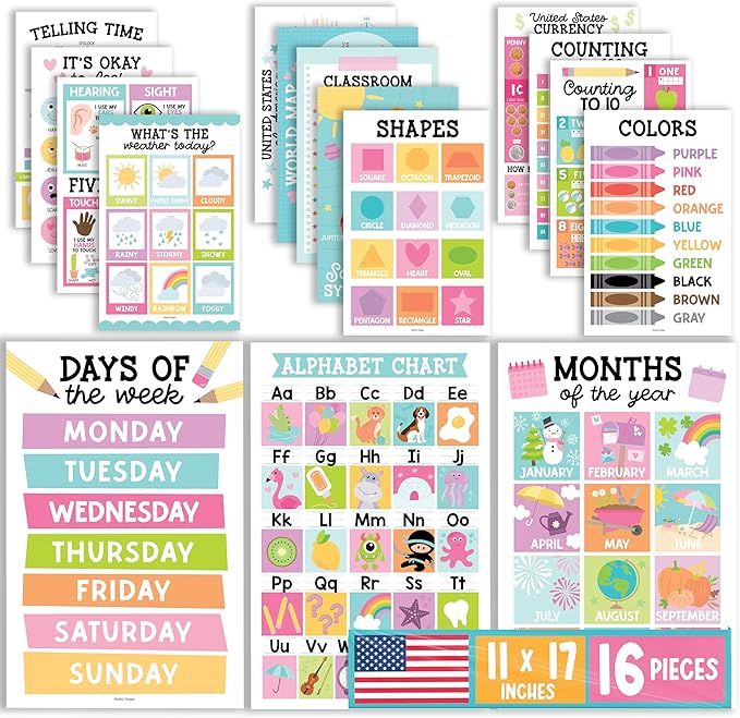 Hadley Designs 16 Educational Posters for Classroom Must Haves - Laminated Pre-K Posters for Toddler Homeschool Essentials, Toddler & Preschool Learning Activities, Kindergarten Classroom Decor