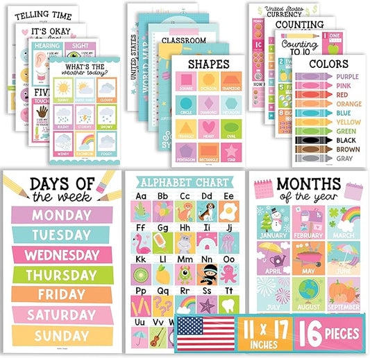 Hadley Designs 16 Educational Posters for Classroom Must Haves - Laminated Pre-K Posters for Toddler Homeschool Essentials, Toddler & Preschool Learning Activities, Kindergarten Classroom Decor