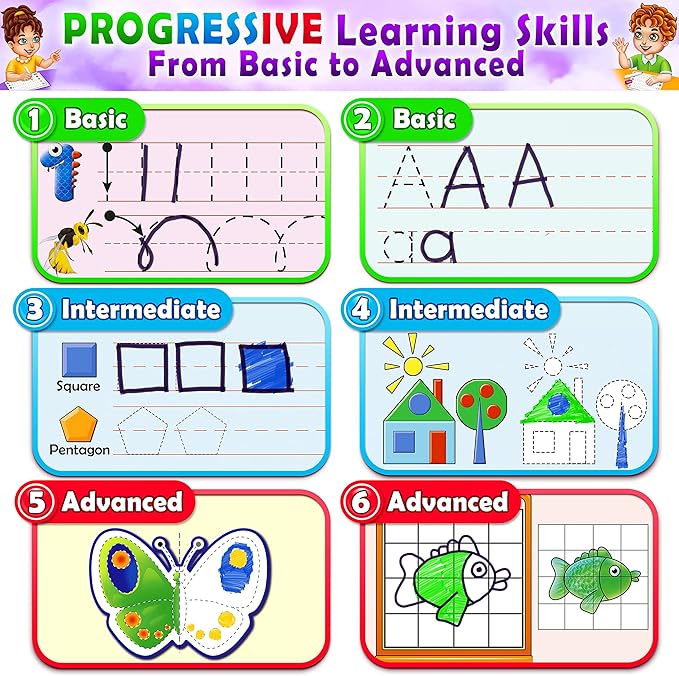 Curious 2 Learn Hardcover Preschool Activity Workbook for Kids Ages 3–5 – 32 Montessori Learning Activities with 9 Markers – ABC, Numbers, Colors & Shapes – Educational Gift for Boys & Girls