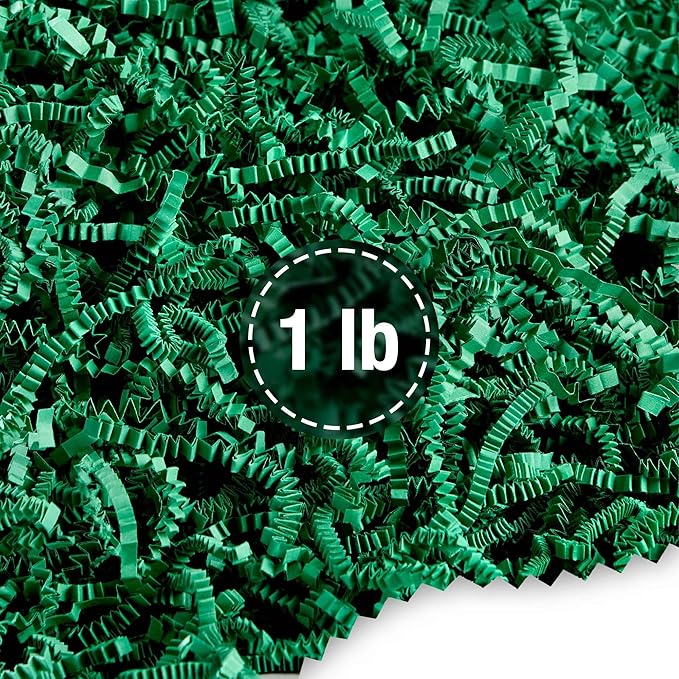 FRILLZ by DECOfill™ Crinkle Cut Paper Shred Filler for Baskets, Gifts, Packing and Protecting your Easter, Birthday, Weddings, Anniversary, Valentines Day, and other gifts (1 pound, Pine Green)