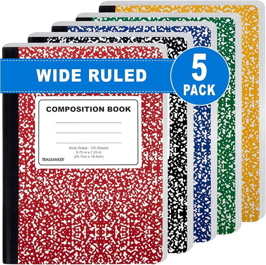 Trail maker 5 Pack Composition Notebooks Colored, Wide Ruled Marble Cover, 200 Pages (100 Sheets), 9.75 x 7.25, Bulk School Supplies for Classroom, Office & School Donations