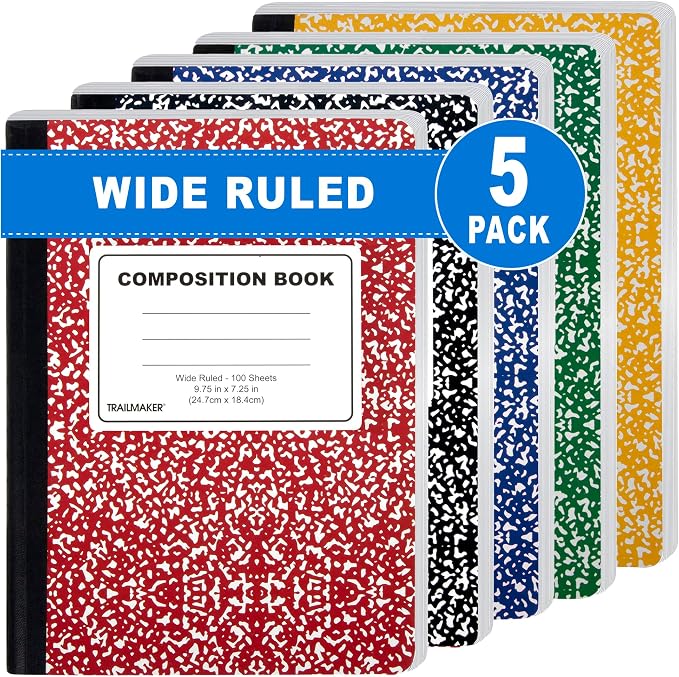 Trail maker 5 Pack Composition Notebooks Colored, Wide Ruled Marble Cover, 200 Pages (100 Sheets), 9.75 x 7.25, Bulk School Supplies for Classroom, Office & School Donations