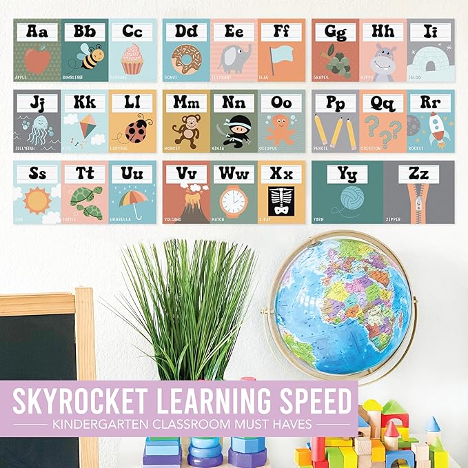 Hadley Designs Alphabet for Classroom Wall Decor - ABC Posters for Classroom Wall Chart Preschool & Kindergarten, ABC Letters & Number Line Elementary, Alphabet Cards, Retro Classroom Decor