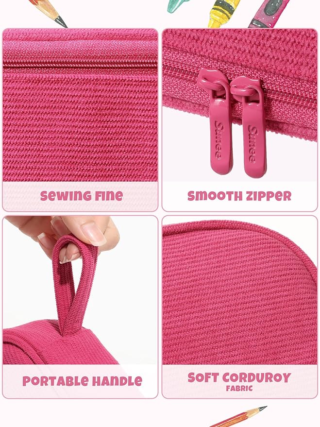 SUNEE Cute Pencil Case, Large Pencil Pouch, Soft Corduroy Fabric Big Pencil Bag with Zipper, Kawaii Pen Bag Stationery Storage and Organizer, School Supplies for Teen, Student, Boys, Girls, Berry Pink