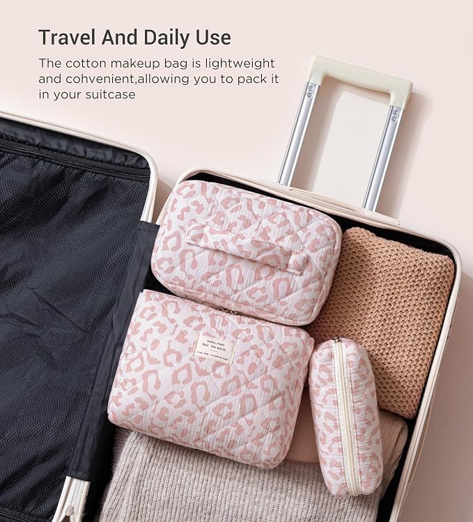 HBselect Quilted Makeup Bag, 3Pcs Cotton Large Travel Makeup Bags Organizer | Cute Floral Make up Bag Cosmetic Bag Toiletry Bag for Women Girls, Makeup Pouch for Skincare, Brushes & Travel Essentials