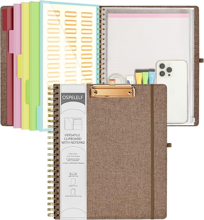 Ospelelf Brown Foldable Spiral Clipboard Folio with Storage Zipper Pouch, 5 Plastic Folders with 10 Pockets, Refillable Lined Notepad (11" x 8.5"), Linen Hardcover Project Organizer