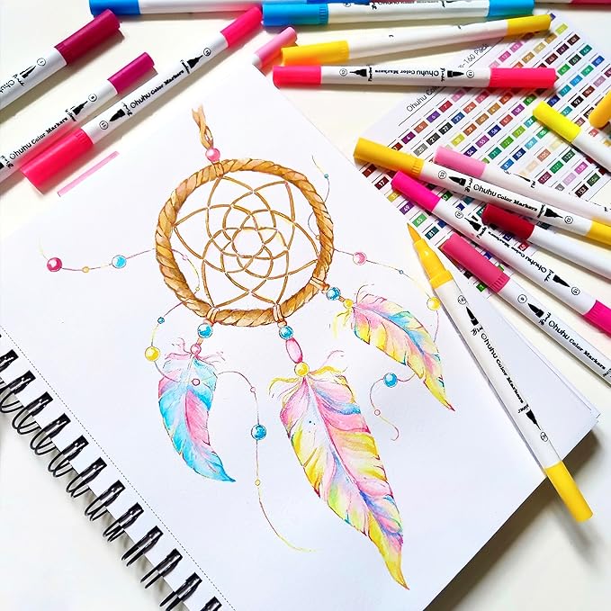 Ohuhu Markers for Adult Coloring Books No Bleeding 36 Colors Coloring Markers Water-based Dual Tips Fineliner & Brush Drawing Pens Art Pens for Kids Adults Sketch Journal - Maui - White