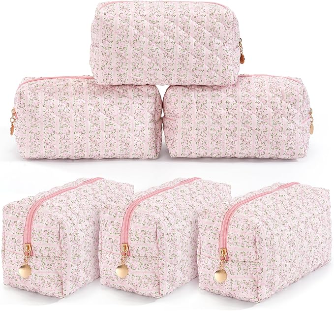 6PCS Makeup Bag Travel Toiletry Bag for Women, Small Cosmetic Bags Aesthetic Organizer Quilted Cotton Makeup Pouch & Purse Emergency Bag Floral Pencil Case Accessory Bag, Pastel Pink