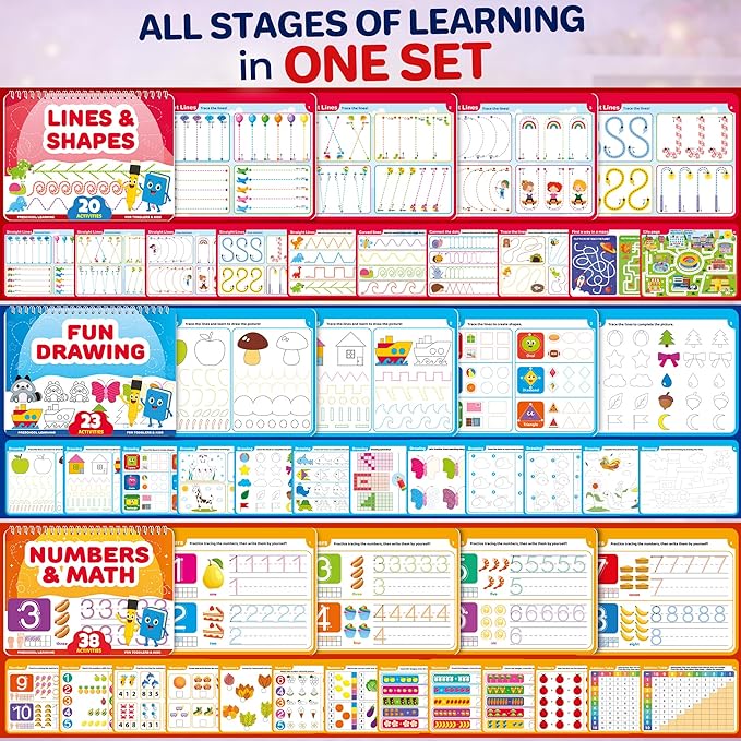 QUOKKA Tracing Books for Kids Ages 3-5 Set – 5 Reusable Dry Erase Activity Books for Kids Ages 3-5 - Writing Practice Kit with Markers - Preschool Learning Quiet Time Travel