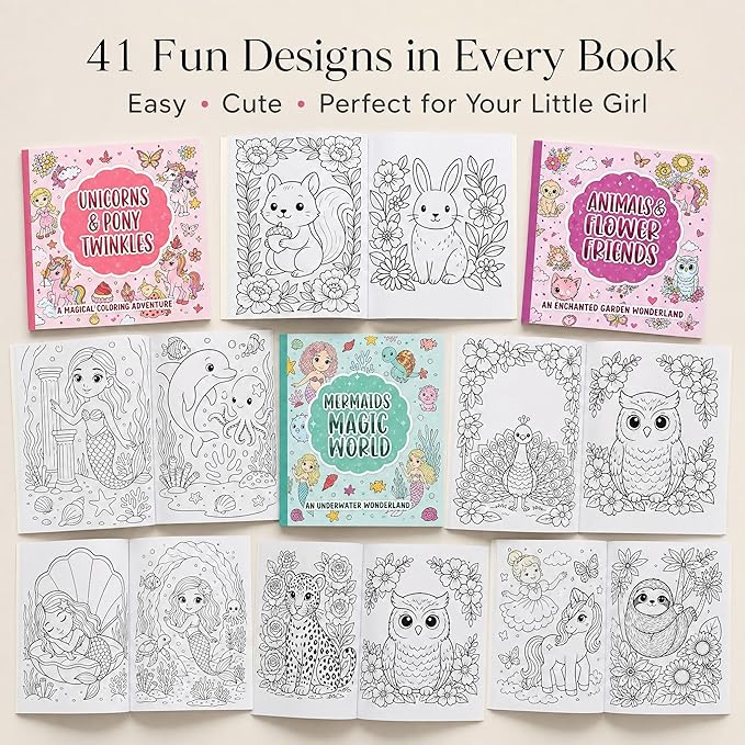 ZICOTO Fun Coloring Books for Kids Set of 3 – Cute Princess, Unicorn & Mermaid Coloring Book for Girls Ages 4–8 – Easy to Color Gift with Magical Themes for Your Creative Little Princess