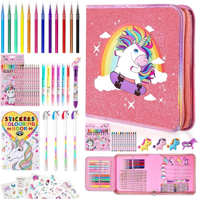 CozyJoyz Unicorn Washable Marker Set, 59 Pcs Arts and Crafts Coloring Set for Kids, Drawing Art Supplies Birthday Gifts for Girls Toys 4-9 Year Old (Pink)