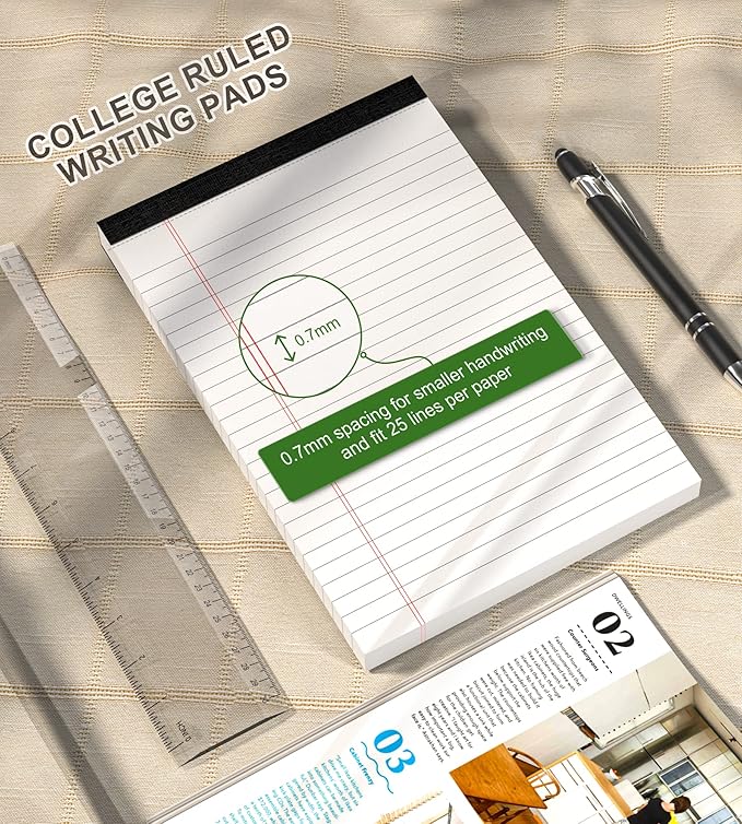Note Pads 5x8 Small Legal Pads White Notepad, 6 Pack, Narrow Ruled Notepads, Micro Perforated Legal Writing Pads Memo Pad, 30 Sheet/ Note Pad, Notebook Paper Tablet for School, Lined Note Pad 5x8''