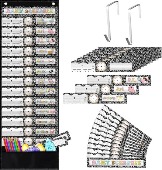 Chiisong Daily Schedule Pocket Chart, Boho 14+1 Pocket, with 40 Pcs Reusable Dry Eraser Cards Calendar for Classroom Toddler Schedule Chart Office Home Activity(Black and White Stylish)