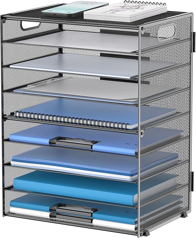 DALTACK 9-Tier Paper Organizer for Desk, Mesh Letter Tray Desk Organizer with Handles, Space-Saving File Organizer for Office Home School Classroom, Black