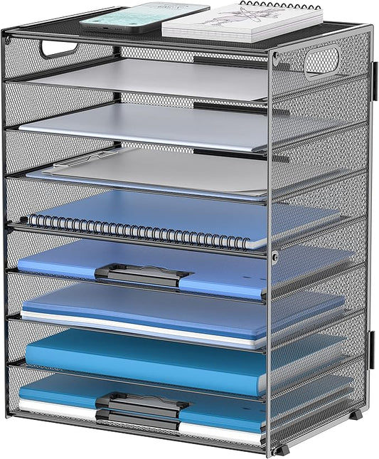 DALTACK 9-Tier Paper Organizer for Desk, Mesh Letter Tray Desk Organizer with Handles, Space-Saving File Organizer for Office Home School Classroom, Black