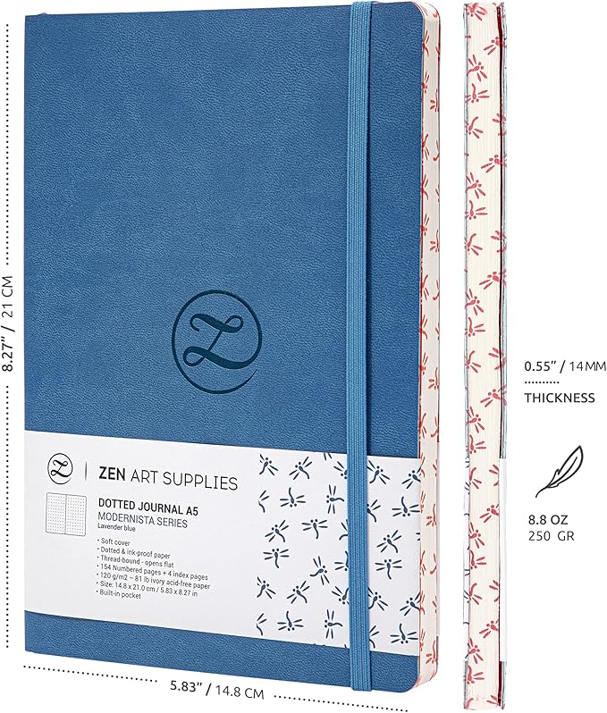 ZenART Supplies A5 Bullet Dotted Journal - Enjoy Bullet Journaling with a Soft Cover, Non-Bleed Thick 120gsm Paper, Dot Journal in Blue, Japanese Edge Motif - Faux Leather Lay Flat Dot Grid Notebook