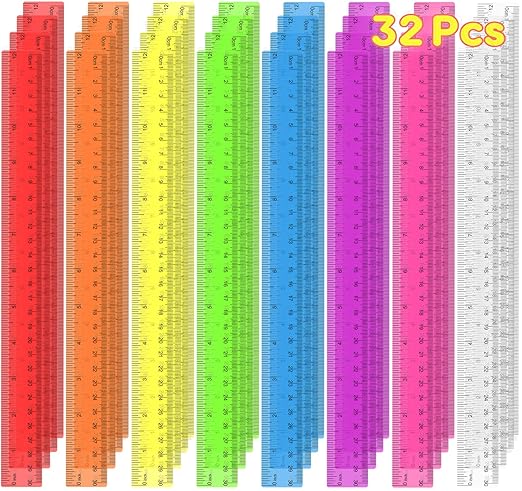 32 Pcs Clear Plastic Ruler 12 Inch, Rulers Bulk for Classroom, Transparent Assorted Color Bulk Rulers with Millimeter and Inches, Kids Ruler for School, Ideal Back to School Office Home Supplies