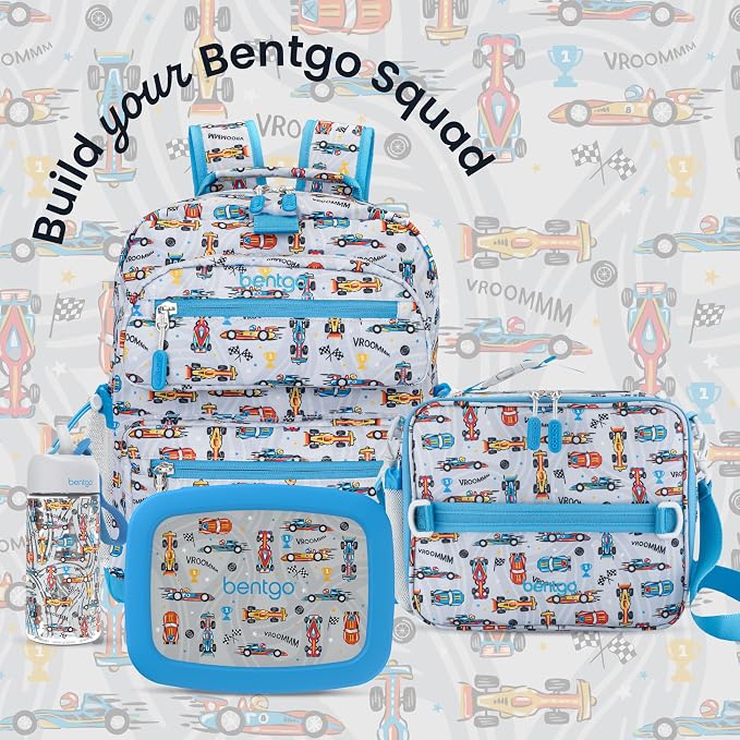 Bentgo Kids Prints Double-Insulated Reusable Lunch Bag | For Kids 3+, Adjustable Strap; Holds Lunch Box/Water Bottle/Snacks; Easy-Clean, Water-Resistant, Pockets (NEW Race Cars)