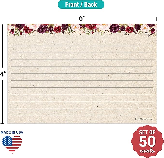 321Done Ruled Note Cards, Floral 4x6 Thick Index Cards - Kraft Tan Card Stock, Notecards & Stationery with Lines for Writing, Stamping - Made in USA, Set of 50 - No Envelopes