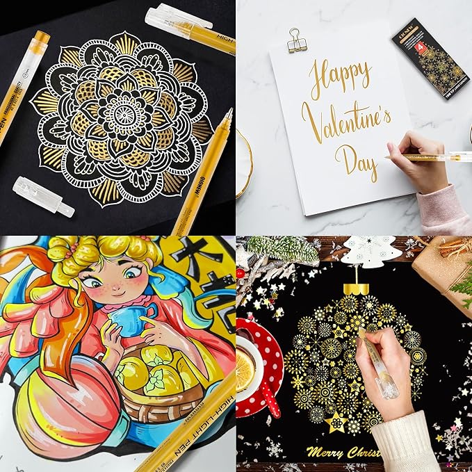 Qionew Gold Gel Pens, 1.0mm Gold Gel Ink Pen Set,Opaque Ink, Gel Pen for Artists, 4 Pack, for Black Paper Drawing, Bullet Journaling, Card Making, Art Highlight & Artists Drawing