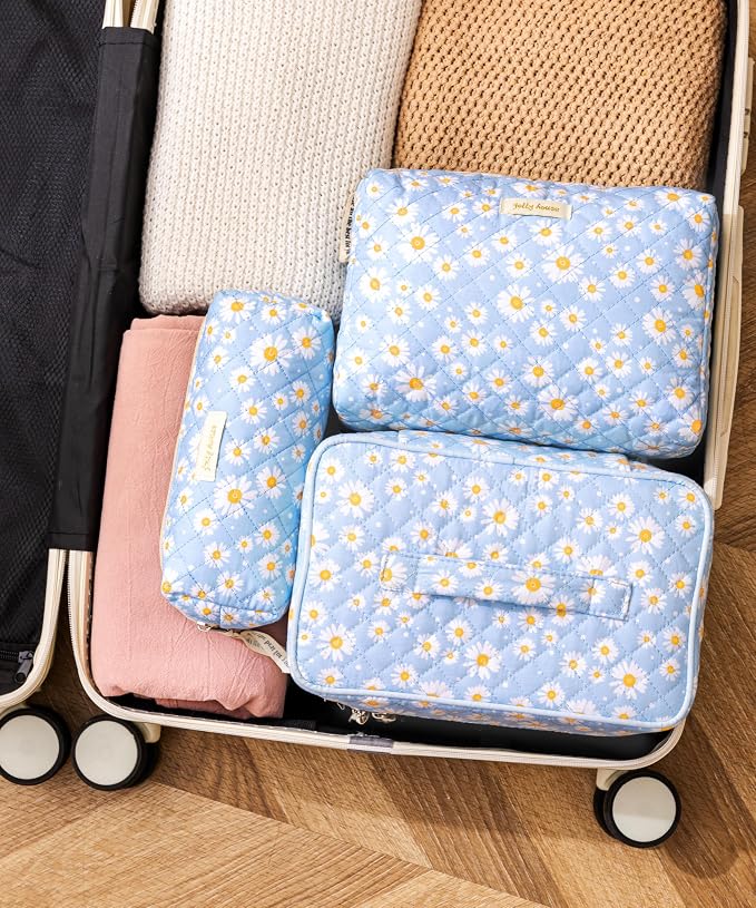 HBselect Quilted Makeup Bag, 3Pcs Cotton Large Travel Makeup Bags Organizer | Cute Floral Make up Bag Cosmetic Bag Toiletry Bag for Women Girls, Makeup Pouch for Skincare, Brushes & Travel Essentials