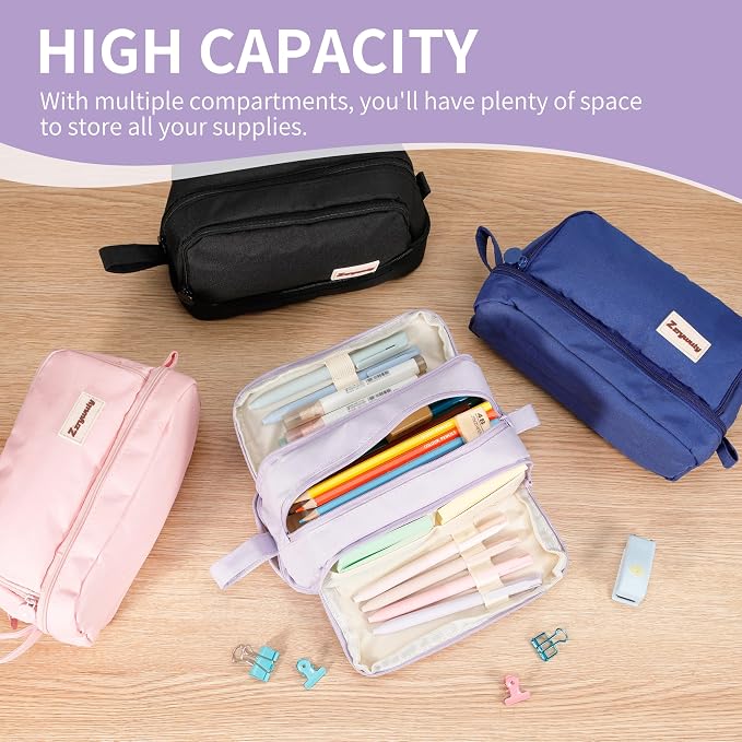 Zzrywuty Pink Large Capacity Pencil Case 4 Compartments,Pencil Pouch with Zipper Portable Handle for Teens Adults Aesthetic Pencil Bag Stationery Organizer Pen Pencil Case with Handle for School