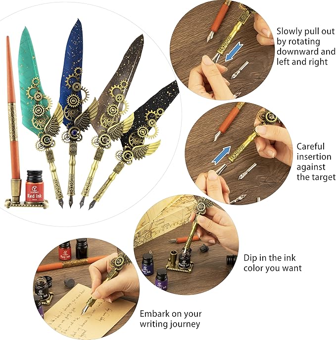 Feather Pen and Ink Set Calligraphy Kit for Beginners with Quill Pen, Antique Vintage Stationary Set for Writing, Signing & Hand Lettering Art(Blue feather)