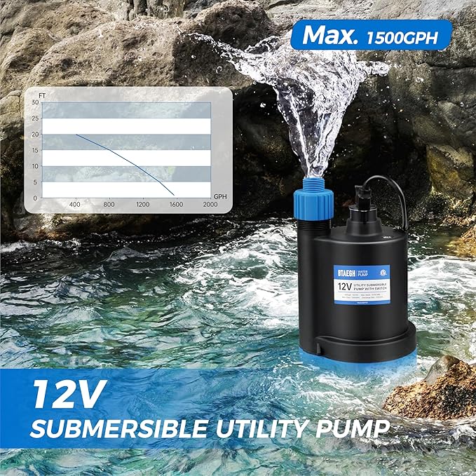 12V Submersible Water Pump 1500GPH Small Sump Pump Thermoplastic Portable Transfer Utility Pump Clean for Swimming Pool Basement Garden Pond