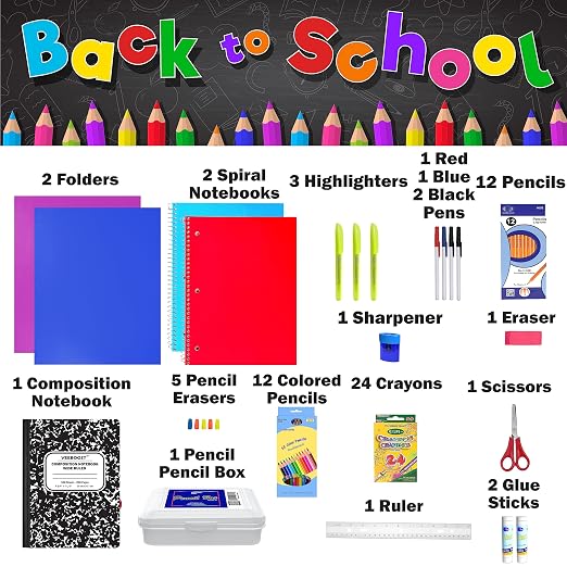72 Piece Back to School Supplies Kit 180 Pack Bulk K-5 Kids School Supply Kit