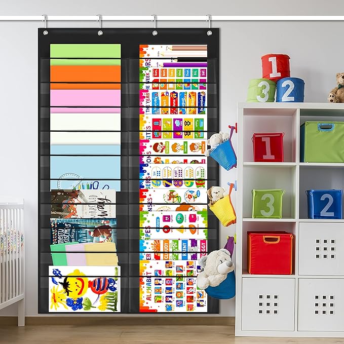 Storage Pocket Chart, Heavy Duty Wall File Organization Folder with 20 Clear File Pockets, 20 Blank Dry-Erase Name Stickers Plus 4 Over Door Hooks for Files, Classroom & Office (Black, 28.5” X 47”)