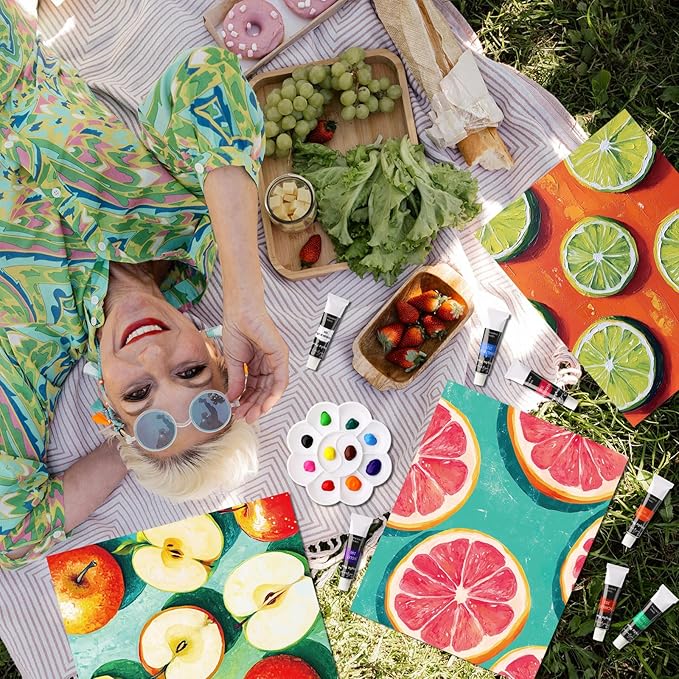 Cholemy 36 Pcs Paint and Sip Kit for Adults 8''x10'' Pre Drawn Canvas for Painting DIY Afro Acrylic Painting Kit Wood Easel Brushes Date Night Bulk for Father's Day Party Gifts(Colorful Fruits)