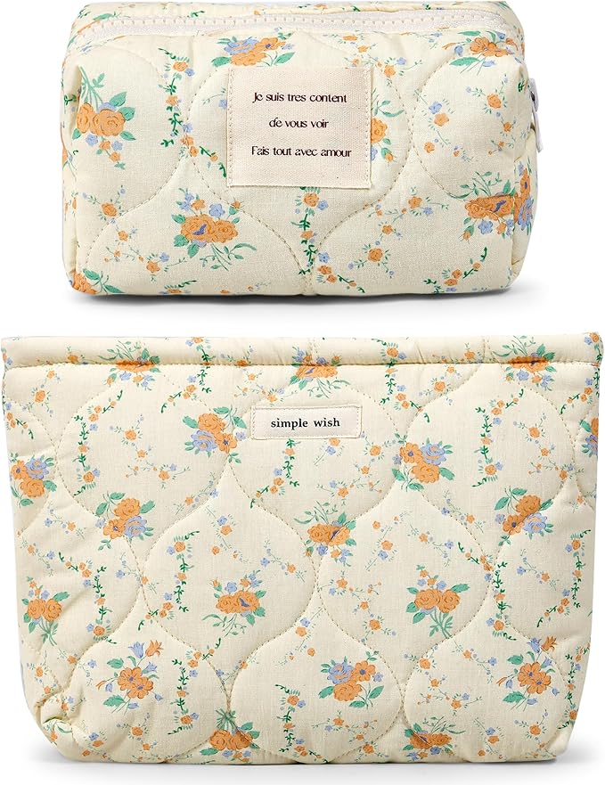 Sminra 2 Pieces Floral Makeup Bag, Cute Travel Quilted Pouch Cosmetic Bag Organizer, Small Cotton Coquette Aesthetic Purse Toiletry Bag for Women Girls accessories (2PCS-Beige Floral)