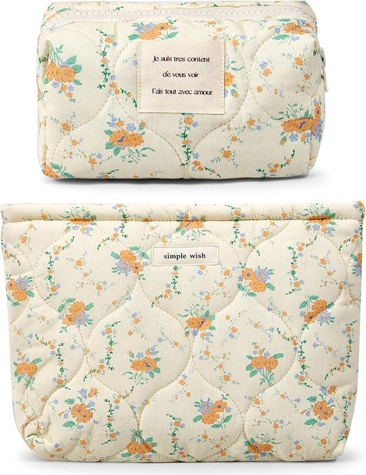 Sminra 2 Pieces Floral Makeup Bag, Cute Travel Quilted Pouch Cosmetic Bag Organizer, Small Cotton Coquette Aesthetic Purse Toiletry Bag for Women Girls accessories (2PCS-Beige Floral)