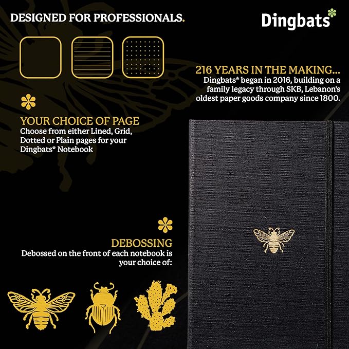Dingbats* Pro Plain Large B5 Notebook - Black Textile Cover, Thread-Bound Writing Journal - for Work, Travel - Pocket, Elastic Closure, Bookmark
