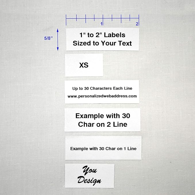100 PreCut Iron On Personalized Fabric Clothing Name Labels with Font Choice. Custom 2”x5/8” Laundry Tag for Nursing Home, Camp, School, Day Care, Uniforms and Crafts. Child Safe Label.