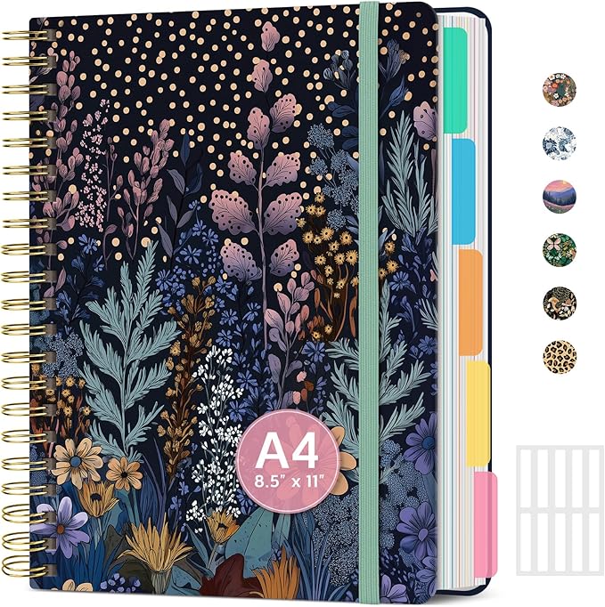 Large Spiral Notebook with Dividers & Tabs, 8.5" x 11" Hardcover 5 Subject Notebook for Work, 280 Pages, College Ruled, Cute Journal for Women, Perfect for Study & Office Note Taking, Nocturne Garden