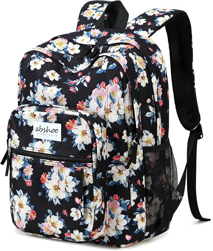 abshoo Classical Basic Floral Womens School Backpack For College Teen Girls Water Resistant Bookbag (Floral Black A)
