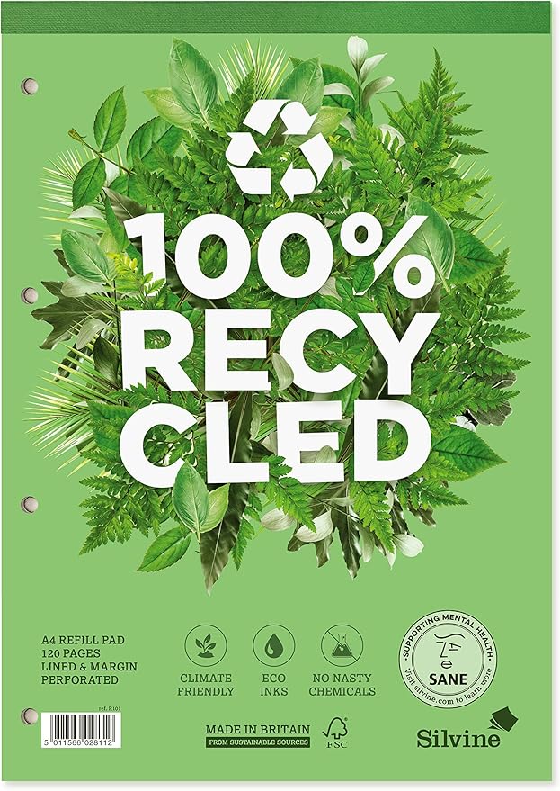 Silvine Ref R101 A4 Premium Recycled Refill Pad. Lined with Margin,White, 120 Pages of 100% [Pack of 5]
