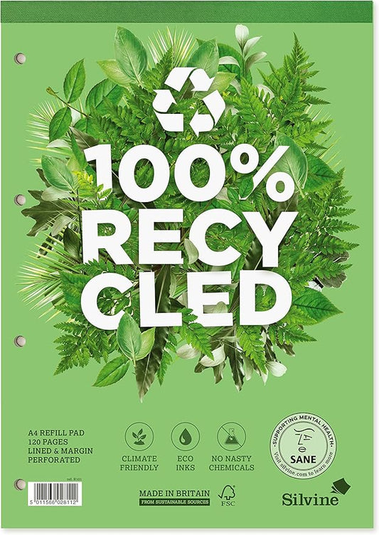Silvine Ref R101 A4 Premium Recycled Refill Pad. Lined with Margin,White, 120 Pages of 100% [Pack of 5]