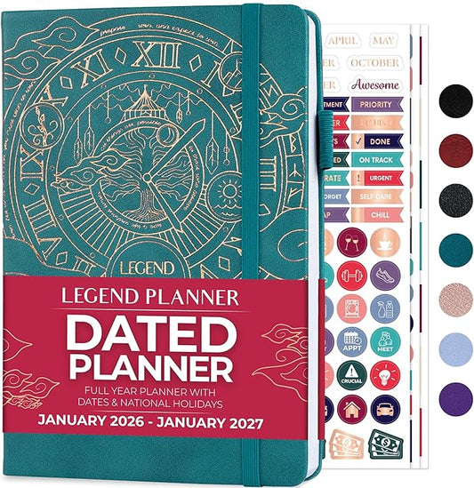 Legend Planner Jan 2026 – Jan 2027 Dated Weekly & Monthly Planner to Hit Your Goals, Increase Productivity & Live Happier. Organizer Notebook & Productivity Journal. A5 Hardcover (Dark Teal)
