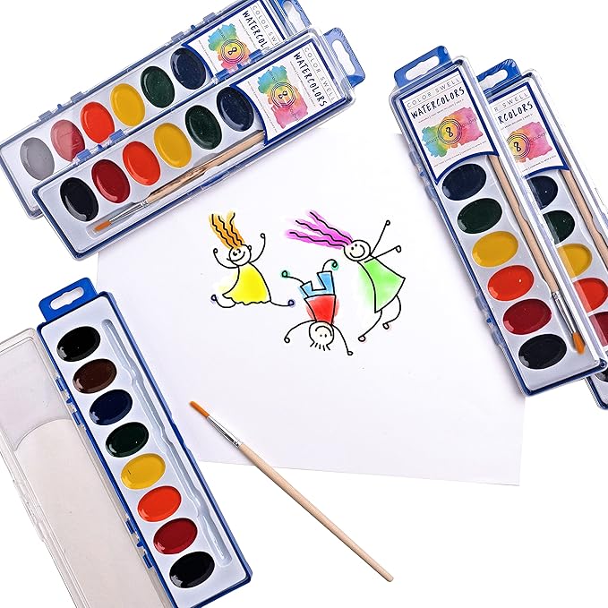 Color Swell Watercolor 40 Paint Sets with Brush, 8 Colors, Washable, Non-Toxic, Deep Pans, Bulk Pack