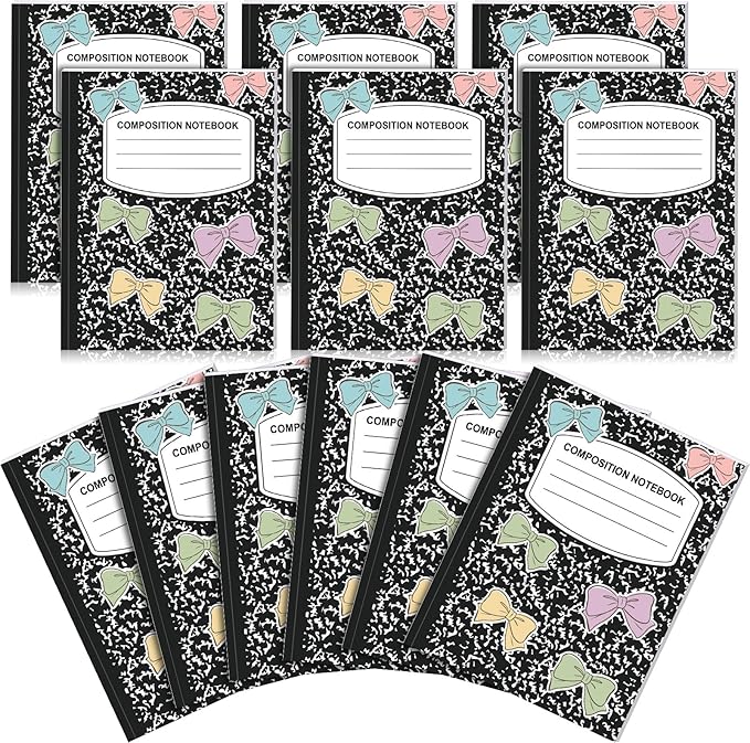 Eaasty Composition Notebook Wide Ruled Paper Assorted Marble Aesthetic Composition Notebook 100 Page 7.5" x 9.75" Journal Gift for Back to School First Day of School Students Teacher(6 Pcs,Bow)