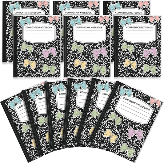Eaasty Composition Notebook Wide Ruled Paper Assorted Marble Aesthetic Composition Notebook 100 Page 7.5" x 9.75" Journal Gift for Back to School First Day of School Students Teacher(6 Pcs,Bow)