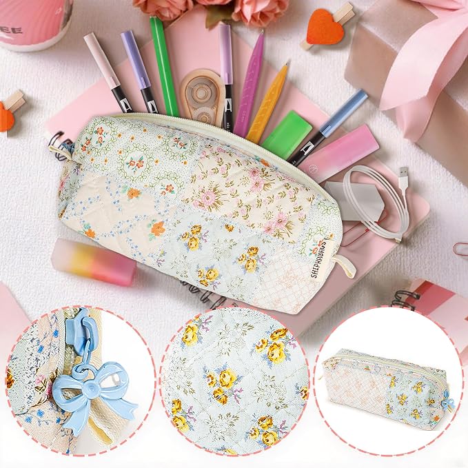 Cute Quilted Pencil Case for Women, Aesthetic Small Floral Pencil Pouch, Slim Soft Pencil Bag for Stationery Supplies & Daily Use（Blue Patchwork）